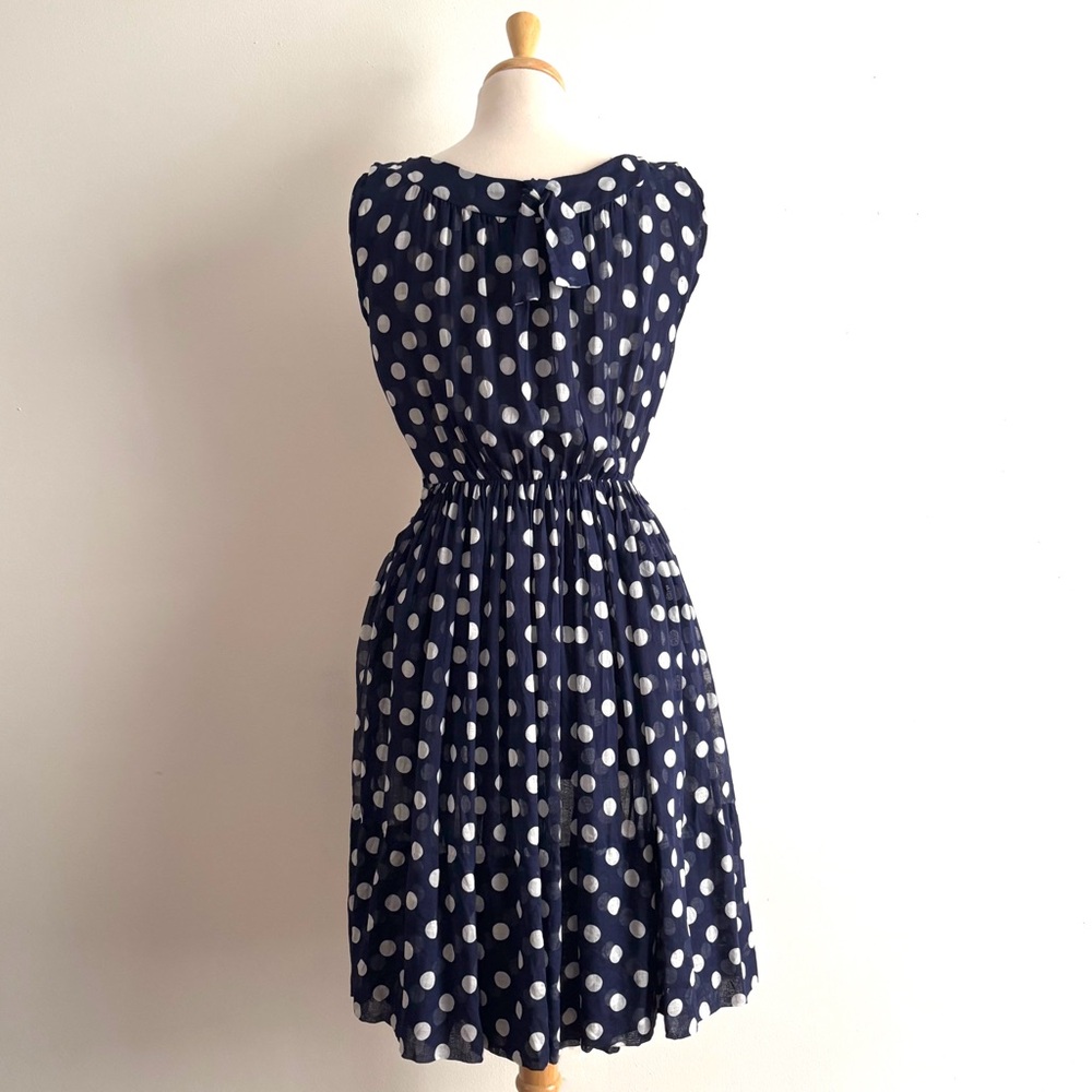 Vintage 1960s GAY GIBSON Navy Blue & White Polka Dot Sleeveless Dress / 24 waist - Picture 6 of 16